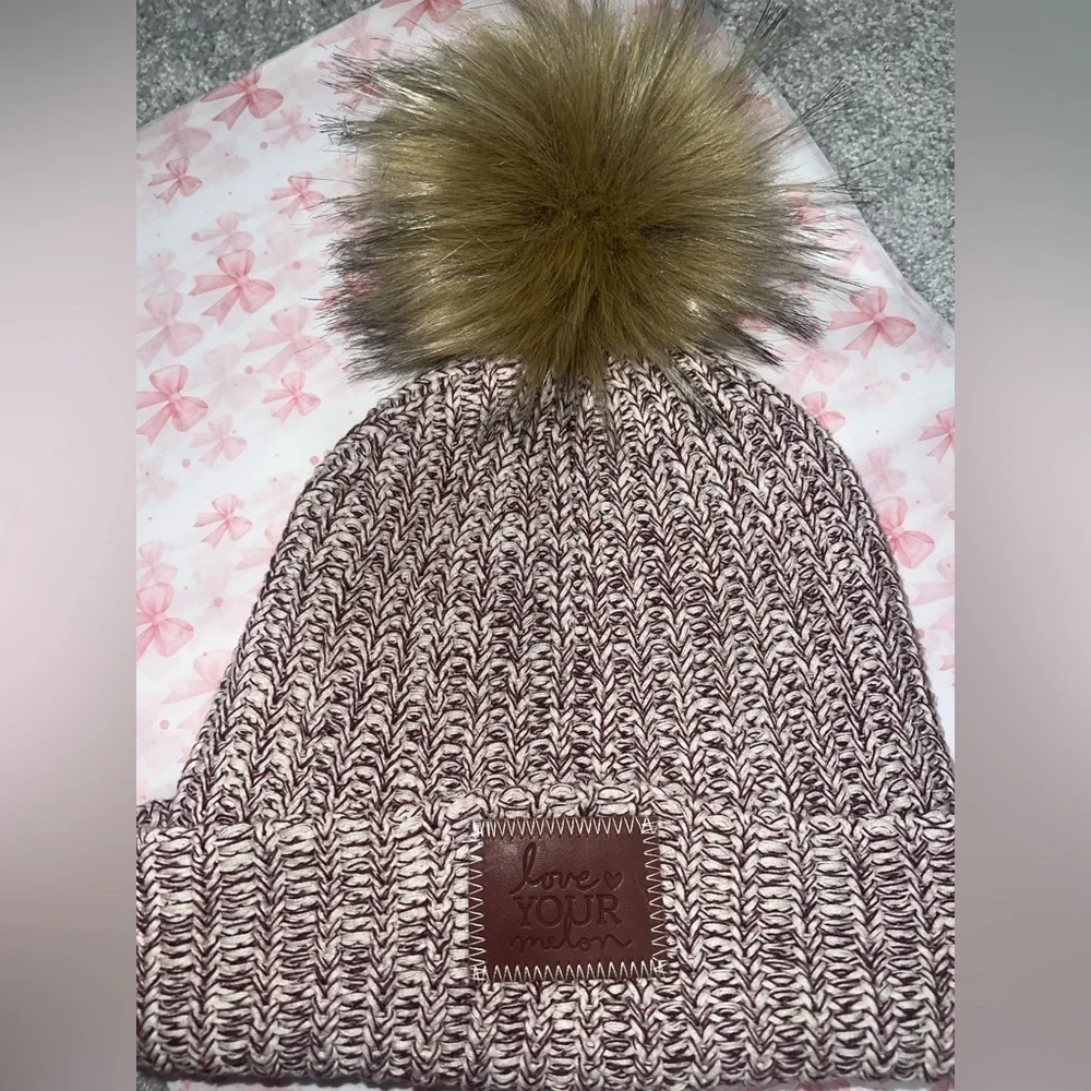 Love Your Melon Women’s Knit Pom Hat - Brown, White, and Burgundy
